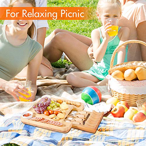 Juego de platos de bambú para queso, cajón oculto para cubiertos, 2 cuencos de cerámica para poner esparcidas, regalo de calentamiento de casa y bandeja de comida perfecta para fiestas, cenas, picnics