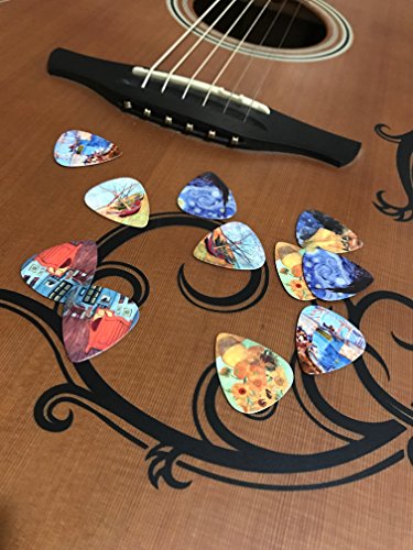Juego de púas de guitarra de obras de Vincent Van Gogh – Set de regalo para guitarristas – Pack de 12 púas de celuloide de dureza media + caja de lata + portapúas – Oferta por tiempo limitado