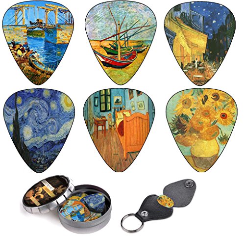 Juego de púas de guitarra de obras de Vincent Van Gogh – Set de regalo para guitarristas – Pack de 12 púas de celuloide de dureza media + caja de lata + portapúas – Oferta por tiempo limitado