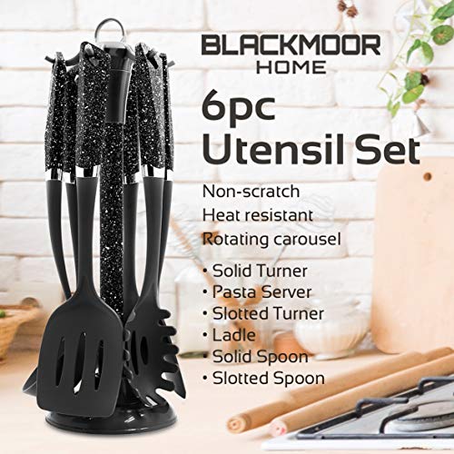Juego de utensilios de 6 piezas Blackmoor Home 66779 | Antirayaduras y resistentes al calor | Plástico sin BPA | Dispensador de utensilios de cocina que ahorra espacio, vibrante y moderno | Negro