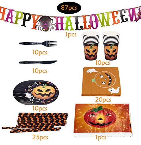 Juego de Vajilla de Halloween, HOMEK 87 piezas Vajilla de Fiesta de Halloween Artículos de Fiesta, Banner Manteles Platos Servilletas Cuchillos Tenedores para Fiesta Halloween Decoraciones