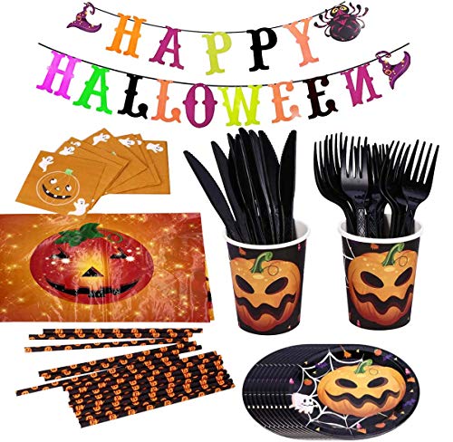 Juego de Vajilla de Halloween, HOMEK 87 piezas Vajilla de Fiesta de Halloween Artículos de Fiesta, Banner Manteles Platos Servilletas Cuchillos Tenedores para Fiesta Halloween Decoraciones