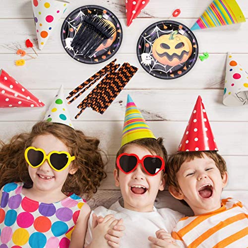 Juego de Vajilla de Halloween, HOMEK 87 piezas Vajilla de Fiesta de Halloween Artículos de Fiesta, Banner Manteles Platos Servilletas Cuchillos Tenedores para Fiesta Halloween Decoraciones
