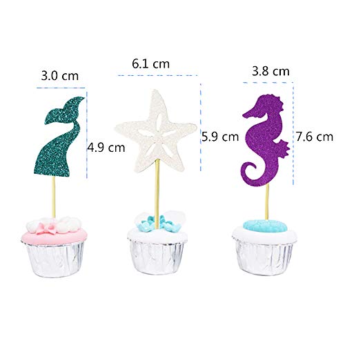 Juland 24 PCS Feliz cumpleaños, Torta, Topper Papel Cupcake Topper versátil y Duradero Decoraciones para Pasteles de Fiesta de cumpleaños para Adultos niños Estrella de mar Cola de Sirena Caballo