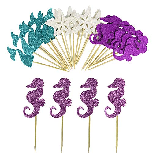 Juland 24 PCS Feliz cumpleaños, Torta, Topper Papel Cupcake Topper versátil y Duradero Decoraciones para Pasteles de Fiesta de cumpleaños para Adultos niños Estrella de mar Cola de Sirena Caballo