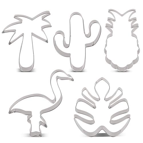 KENIAO Tropical Cortadores Galletas de Flamenco Moldes para Galletas - 5 Piezas - Flamenco, Piña, Palmera, Cactus y Hoja Tropical - Acero Inoxidable
