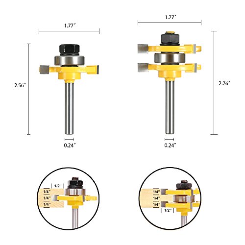 KKmoon 2pcs 3/4"-1/4" Cortador de Fresado de Madera en Forma de T con Vástago Lengüeta y Ranura,Juego de Brocas de 3 Dientes para Herramientas de Carpintería