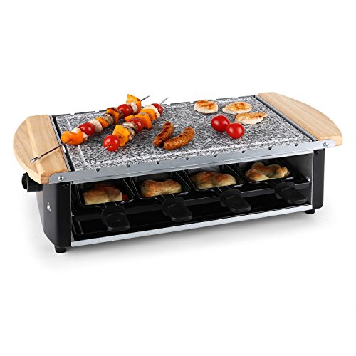 KLARSTEIN Chateubriand Raclette-Grill - Parrilla de mesa, Barbacoa-Party, 1200W, Regulador, Plancha piedra natural, Grill bajo en grasa extraíble, Antiadherente, Negro-plateado