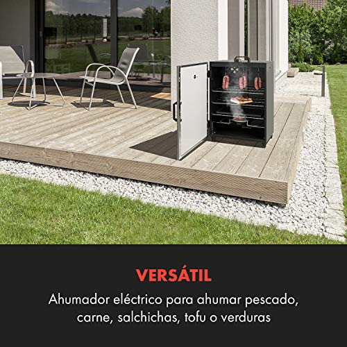 Klarstein Flintstone Steel Horno de ahumar - Ahumador, 1600 W, Termostato, Termómetro, 3 Parrillas para ahumar, Puerta de acero, Cierre magnético, Válvula de ventilación, Acero inoxidable