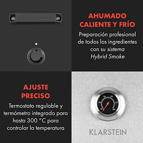 Klarstein Flintstone Steel Horno de ahumar - Ahumador, 1600 W, Termostato, Termómetro, 3 Parrillas para ahumar, Puerta de acero, Cierre magnético, Válvula de ventilación, Acero inoxidable