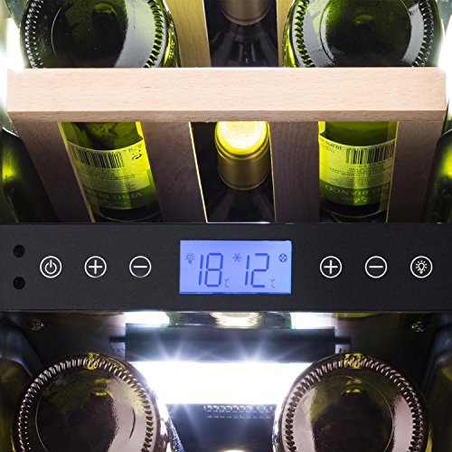 Klarstein Vinovilla Duo17 - Nevera para vinos, Nevera de bebidas, Volumen de 53 litros, 4 estantes de madera, Panel táctil, Iluminación interior LED en tres colores, 2 zonas, Negro