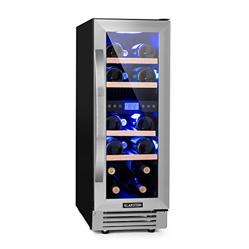 Klarstein Vinovilla Duo17 - Nevera para vinos, Nevera de bebidas, Volumen de 53 litros, 4 estantes de madera, Panel táctil, Iluminación interior LED en tres colores, 2 zonas, Negro