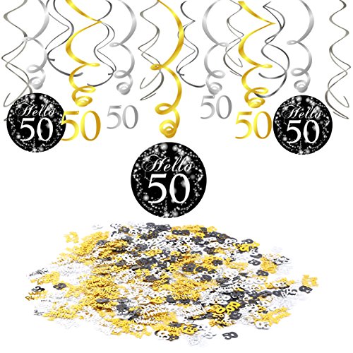 Konsait 50 cumpleaños Negro Colgar Remolino decoración de Techo (15 Cuentas), Feliz cumpleaños & 50 Mesa Confeti (1.05 oz) para Decoraciones de 50 cumpleaños Mujer Hombre