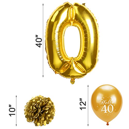 Konsait Pancartas de Banderines Cheers to 40 Years cumpleaños Globo Grande de Foil 40 Años, 6 Pom Poms Bola de la Flor, 20 Dorados y Negro Globos De Látex para 40 Fiesta de Cumpleaños Decoracion