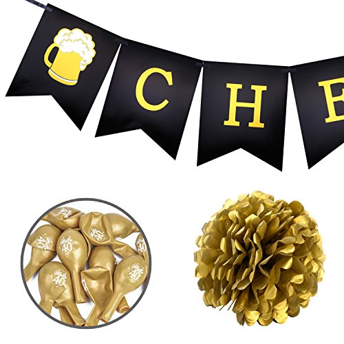 Konsait Pancartas de Banderines Cheers to 40 Years cumpleaños Globo Grande de Foil 40 Años, 6 Pom Poms Bola de la Flor, 20 Dorados y Negro Globos De Látex para 40 Fiesta de Cumpleaños Decoracion