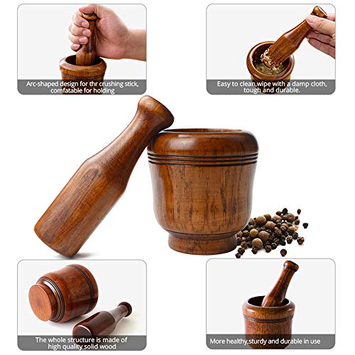 KOUPA Juego de Molinillo Antiguo de mortero y mortero de Madera, para Cocina/tazón de triturador de Hierbas de Especias rústicas Vintage/triturador Manual Redondo Decorativo Hecho a Mano