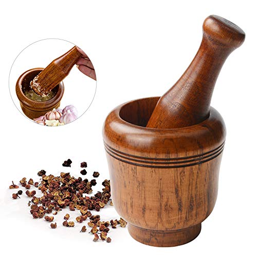 KOUPA Juego de Molinillo Antiguo de mortero y mortero de Madera, para Cocina/tazón de triturador de Hierbas de Especias rústicas Vintage/triturador Manual Redondo Decorativo Hecho a Mano