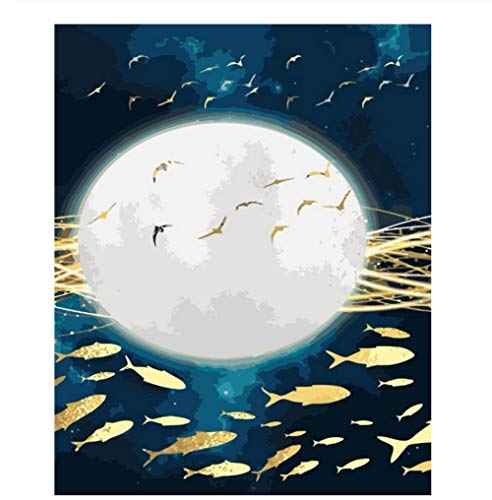 ksyklys DIY Pintura al óleo, Pintura por Kits de números para niños, Adultos Principiantes, Estudiantes, Pared Lienzo Arte decoración del hogar Pez Luna Marco de Bricolaje 16 * 20 Pulgadas