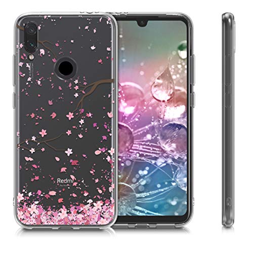kwmobile Funda Compatible con Xiaomi Redmi Note 7 / Note 7 Pro - Carcasa de TPU y Flores Cerezo cayendo en Rosa Claro/marrón Oscuro/Transparente