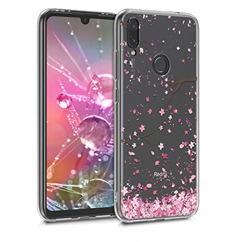 kwmobile Funda Compatible con Xiaomi Redmi Note 7 / Note 7 Pro - Carcasa de TPU y Flores Cerezo cayendo en Rosa Claro/marrón Oscuro/Transparente