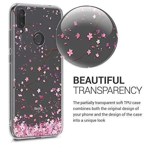 kwmobile Funda Compatible con Xiaomi Redmi Note 7 / Note 7 Pro - Carcasa de TPU y Flores Cerezo cayendo en Rosa Claro/marrón Oscuro/Transparente