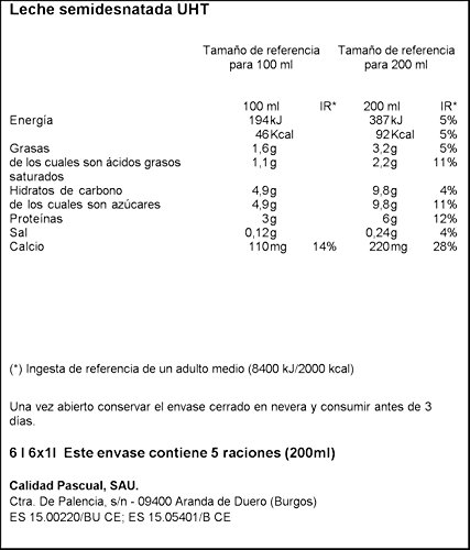 Leche Pascual - Clasica Leche Semidesnatada - 1 L (Paquete de 6)