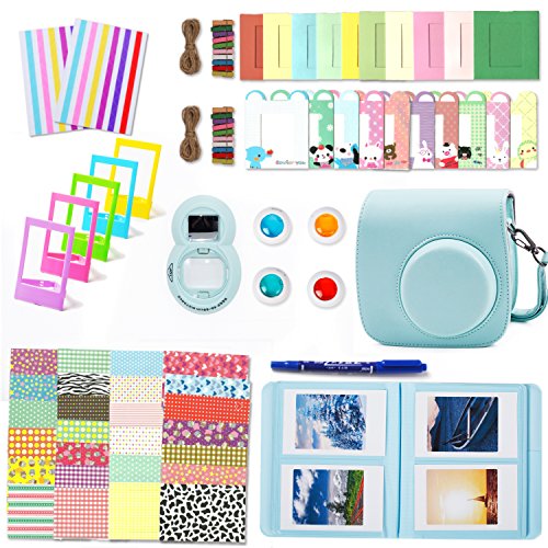Leebotree Paquete de Accesorios Compatible con cámara Instax Mini 9 Incluye: Caso/Album/Lente para Autoretrato/Filtros/Marcos para Fotos/Marcos de Películas/Bordes/Pegatinas (Azul Hielo)