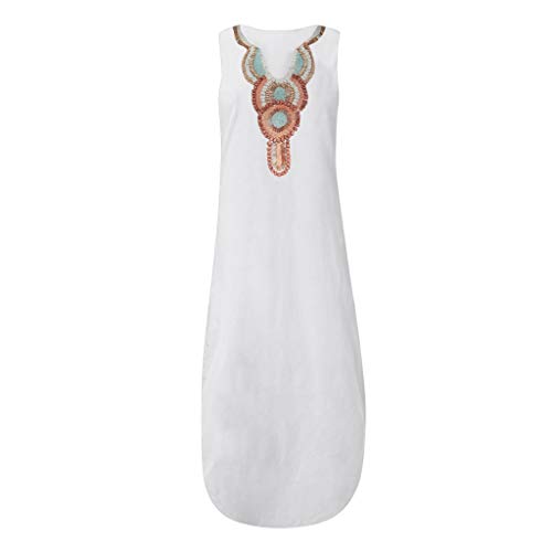 LEEDY Mujer Sin Mangas con Cuello En V Color SóLido Viento Nacional Dobladillo Dividir Tenedor Vestido Largo Suelto Vestido Largo