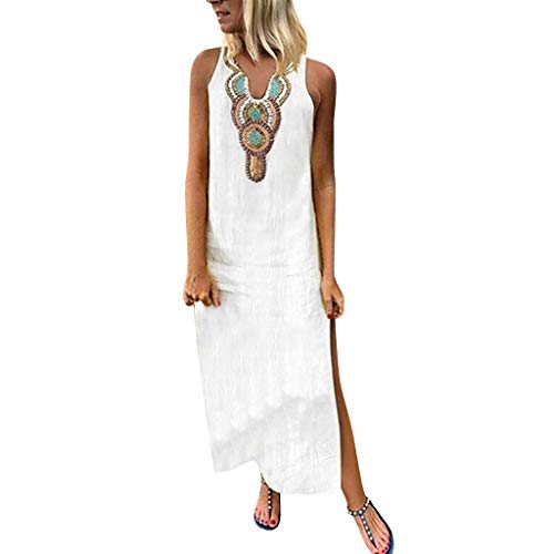 LEEDY Mujer Sin Mangas con Cuello En V Color SóLido Viento Nacional Dobladillo Dividir Tenedor Vestido Largo Suelto Vestido Largo