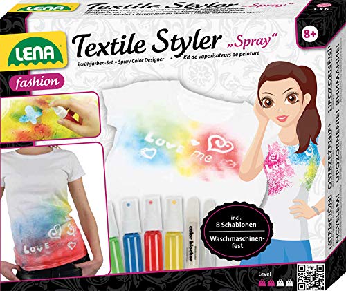 Lena-Kit de Manualidades Textil Styler Spray, Juego Completo con 4 Aerosoles, 1 Pintura de Purpurina para adornar, 8 Plantillas y lápiz de Contorno, para niños a Partir de 8 años, Color (42597)