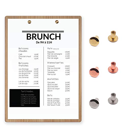 Les Planches du Chef – Portamenús con tornillo – Tabla para tarjeta A4 para hotel, restaurante, cafetería, bar, salón de té – Tornillos de cobre – Madera auténtica – arce – Fabricación francesa