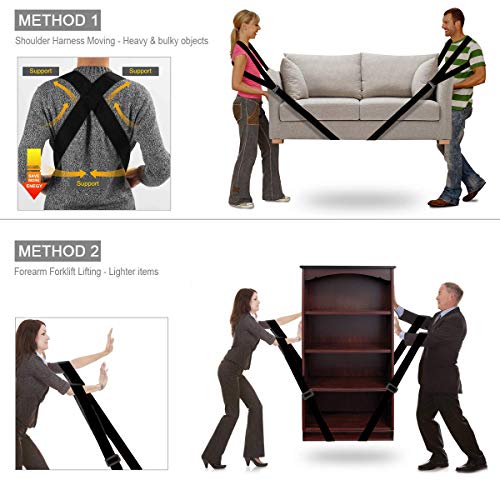 Levantamiento y Correas Móviles, ULIFEME Correas Levantar Transporte Muebles Capacidad de Rodamiento 360kg, Sistema de Elevamiento y Movimiento para 2 Personas y Objetos Pesados, Brazo o Hombro, Negro