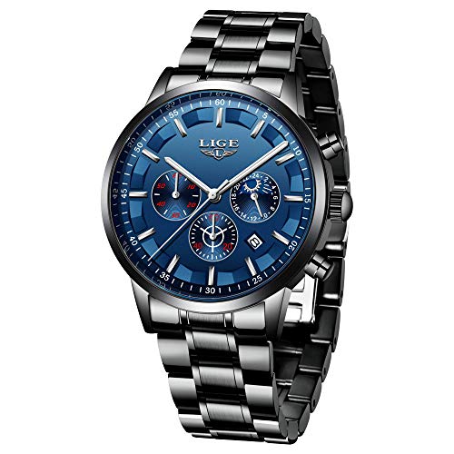 LIGE Relojes para Hombre Impermeable Deportivos Cuarzo Reloj Cronógrafo Acero Inoxidable Negro Reloj de para Hombres