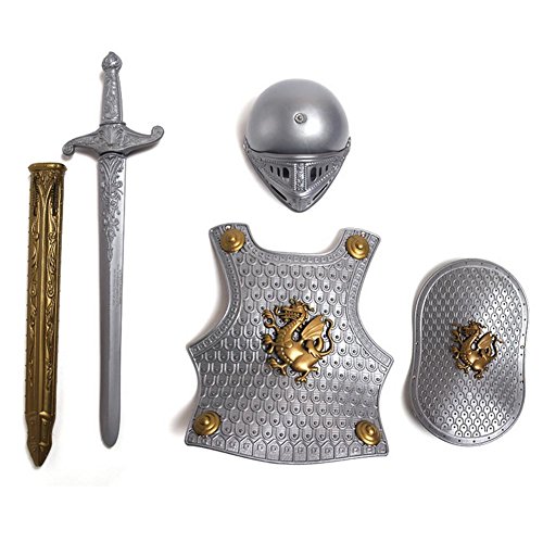 lingzhuo-shop Traje de Armadura de Juguete para niños Casco de 4 Piezas Espada Escudo Armadura Carnaval de Halloween Fiesta de Navidad de Pascua Disfraz de Regalo Jugar