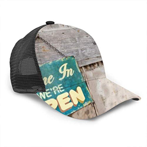 LINPM Gorra de béisbol para Hombres, Mujeres, Cartel Abierto Vintage en Malla de Camionero Ajustable de Madera Vieja Sombrero de Gorra de Sol de béisbol venteado Veraniego Sombrero para Mujer