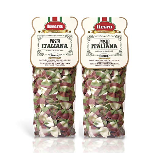 Livera Farfalle Italia 2 X 500 Gr, Pasta Cortas de Sémola de Trigo Duro 100% Made in Italy, Pasta Tricolor, Farfalle Artesanales, Pasta Cortas Italiana, Pasta Artesana Seca