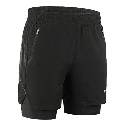 Lixada Hombres Pantalónes Cortos de Running 2-en-1, Pantalones Cortos de Atletismo/Pantalones Cortos de Fitness Maratón, Transpirable Pantalones+Secado Rápido (Negro, L)