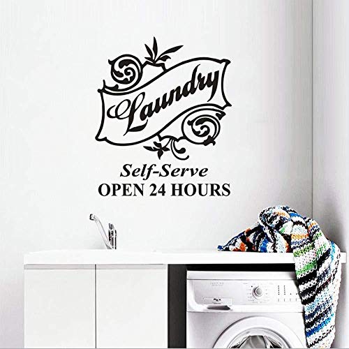 Logotipo de lavandería, adhesivo de vinilo para pared, autoservicio, decoración de lavandería, póster abierto las 24 horas, tienda de lavado de ropa, calcomanía de pared 57x66 cm