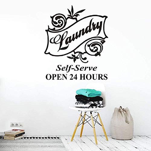 Logotipo de lavandería, adhesivo de vinilo para pared, autoservicio, decoración de lavandería, póster abierto las 24 horas, tienda de lavado de ropa, calcomanía de pared 57x66 cm