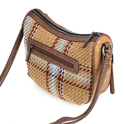 Lois - Bolso Bandolera de Mujer Tipo Góndola. Ideal para Diario y Paseo. Cómodo y Ligero. Lana Noble y Cuero PU. Estilo Escocés Cuadros. Diseño Original 303556, Color Marron