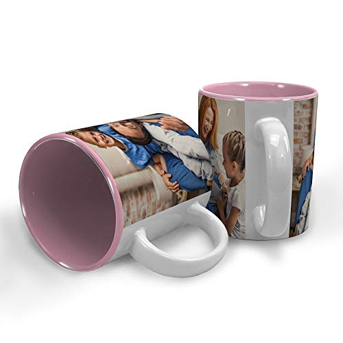 LolaPix Taza Desayuno Personalizada con Foto. Regalos Personalizados con Foto. Taza Personalizada de Cerámica. Taza con Color Interior Asa Rosa