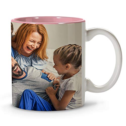 LolaPix Taza Desayuno Personalizada con Foto. Regalos Personalizados con Foto. Taza Personalizada de Cerámica. Taza con Color Interior Asa Rosa