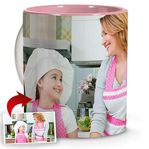 LolaPix Taza Desayuno Personalizada con Foto. Regalos Personalizados con Foto. Taza Personalizada de Cerámica. Taza con Color Interior Asa Rosa