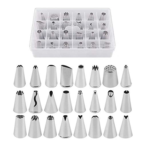 LONGCHAO - Juego de 24 decoraciones para pasteles, 24 boquillas de acero inoxidable para repostería y caja de almacenamiento para tartas, magdalenas, galletas y pastelería