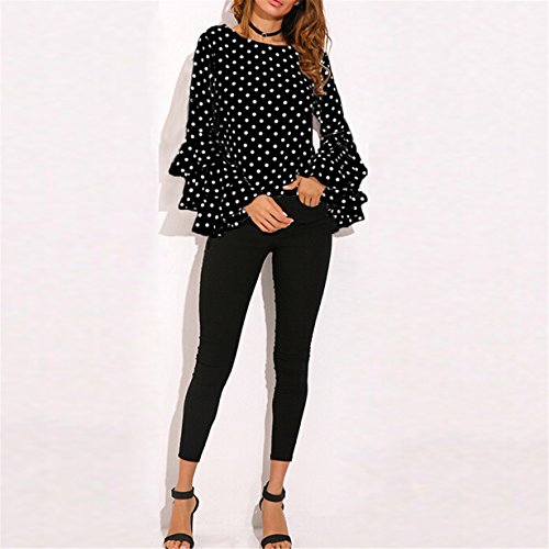 Longra Camisa Manga Larga para Mujer, Mujer Camiseta Mangas Largas Volantes Lunares Blusa Elegante Noche Casual Oficina (XL, Negro)