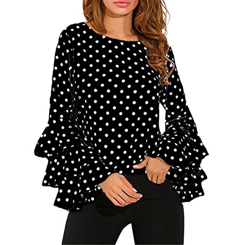 Longra Camisa Manga Larga para Mujer, Mujer Camiseta Mangas Largas Volantes Lunares Blusa Elegante Noche Casual Oficina (XL, Negro)