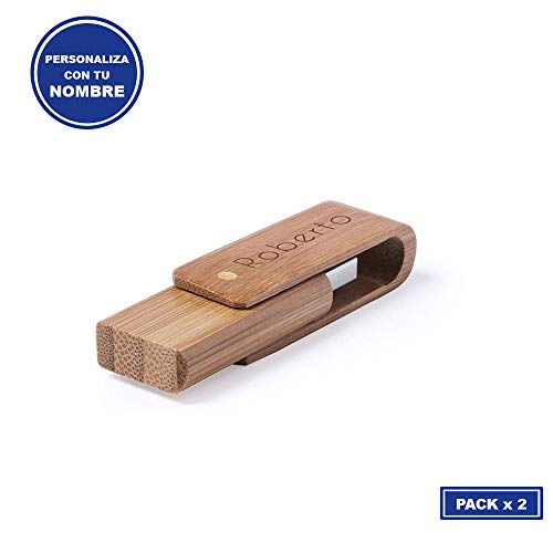Lote 2 x Memoria USB 16GB Madera de Bambú Personalizado (Nombre o Texto) • Pendrive Ideal para Regalar • Original y Elegante Producto Promocional • con Estuche Individual de Cartón Reciclado