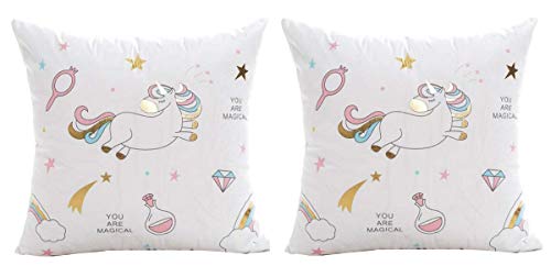 Lovelegis 2 Fundas de Almohada cojín Cuadrado - 44 x 44 cm - cojín Decorativo - Lino - sofá - Cama - Dormitorio - Muebles - niños - Unicornio - arcoíris - Eres mágico - Multicolor - Color Blanco