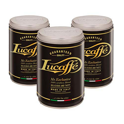 LUCAFFÈ Mr. Exclusivo café molido Arábica 3 latas de café x 250gr, acero ahorra aroma, café de origen América del Sur Asia África sabor dulce aroma tostadas de cuerpo medio