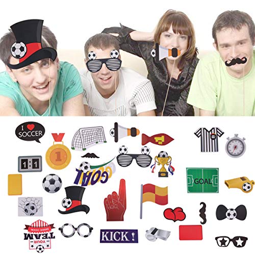 LUOEM 29 Pack de Accesorios de fútbol Photo Booth Kit Sports Party Photo Booth Atrezzo Super Party Party Games Ideas para Decoraciones del Partido de fútbol Suministros